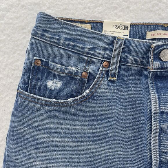 Levis Jeans Women 30 Blue Ribcage Straight Ankle Destroy Grunge Premium Denim - Picture 3 of 16